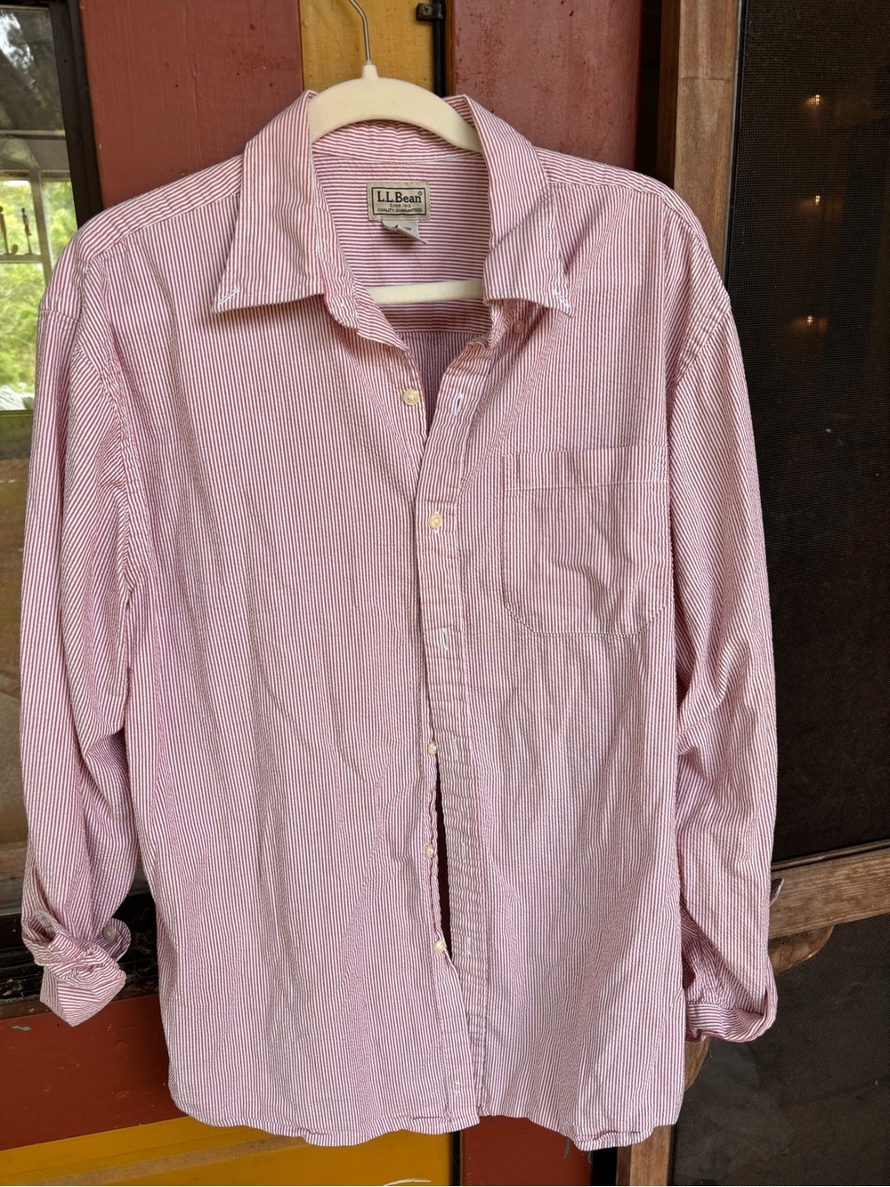 L.L. Bean Men’s Pink and White Thin-Striped Button-Down Shirt